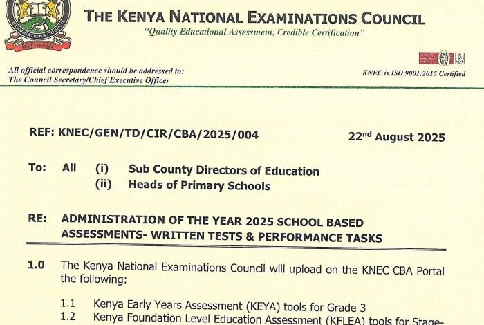 Knec circular to administration of 2025 SBA written tests Grade 3,4,5,7,8.