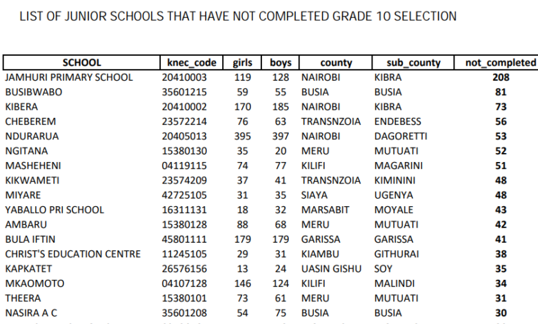 Knec list of junior schools in each county with an unfinished Grade 10 selection.