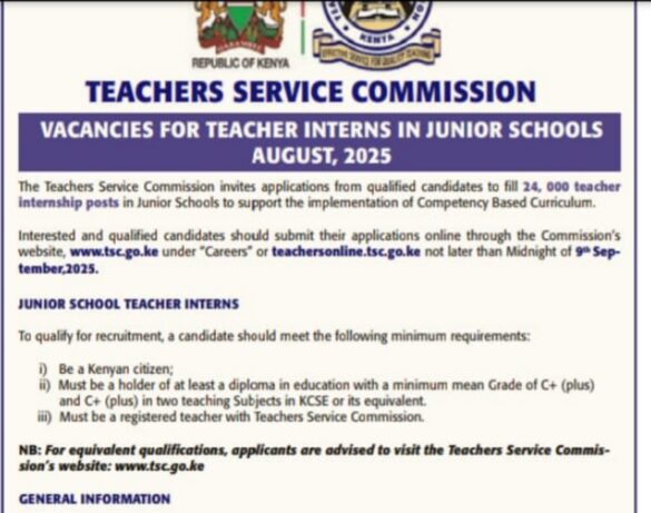 TSC announces 24,000 internships for JSS teachers: How to apply.