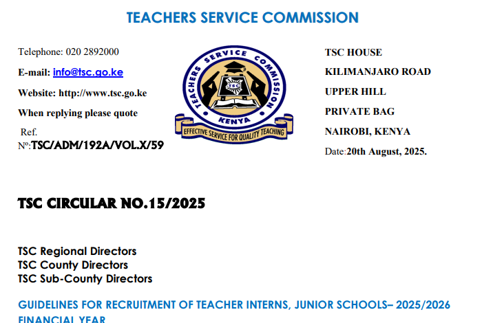 TSC circular guide for recruiting junior & senior intern teachers.