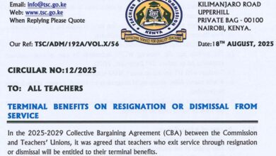 TSC circular to all teachers terminal benefits on resignation or dismissal.