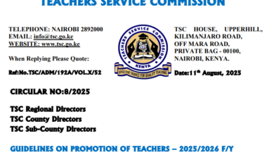TSC guidelines circular for teacher promotions 2025 to 2026.